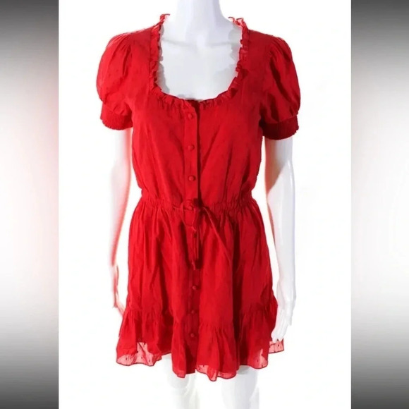 Alice + Olivia Avi Ruffle Swiss Dot Red Mini Dress - Size 4 - Picture 7 of 13